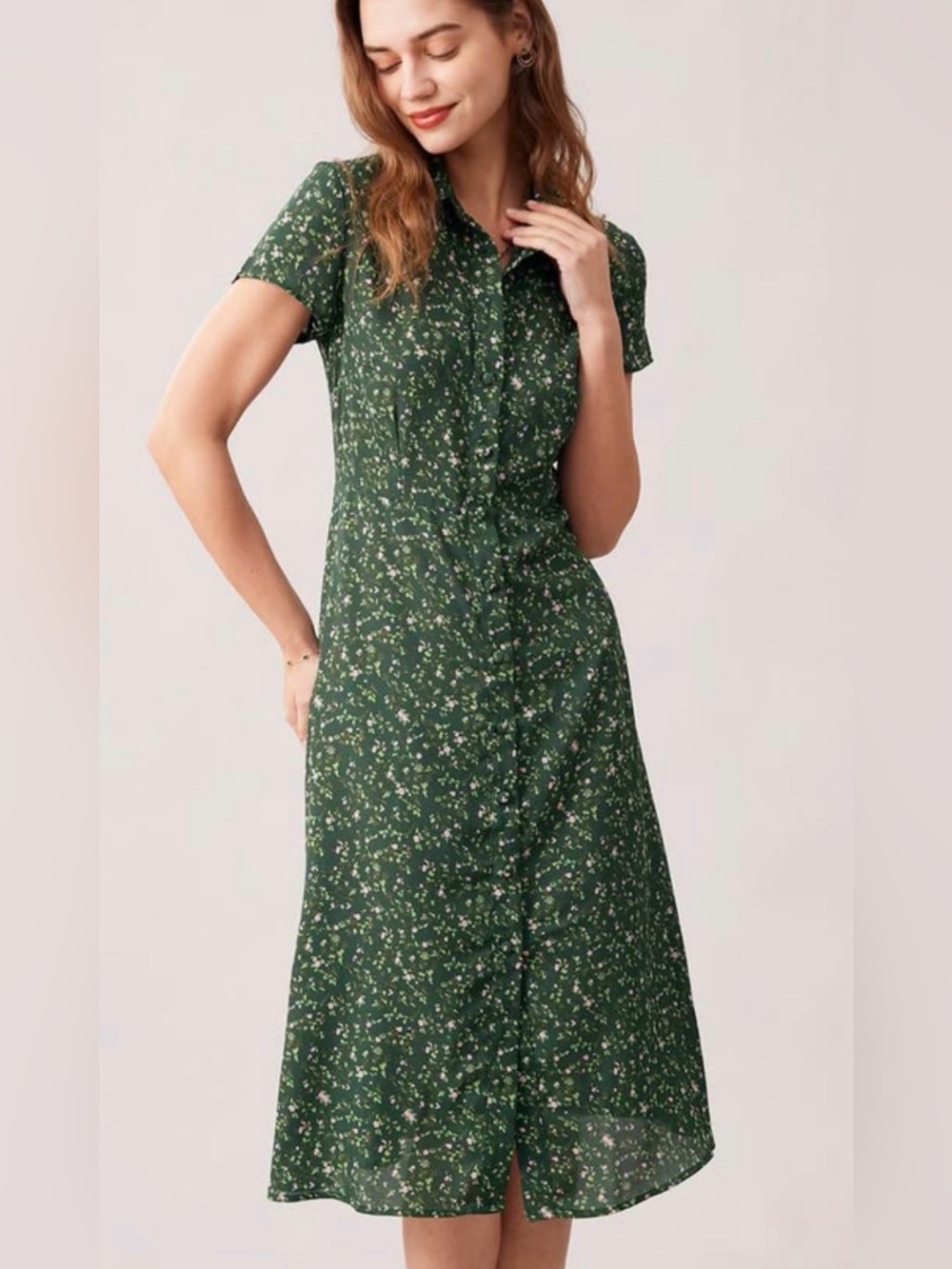 RIHOAS Green Floral Button-Front Midi Dress NWT XS Cottagecore